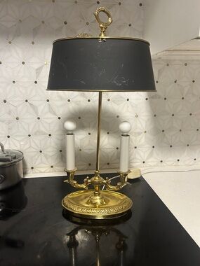 Vintage French Bouillette Double Brass Table Lamp with Tole Shade, c.1960’s